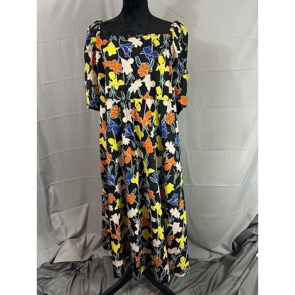 Eloquii Dresses & Skirts - Floral Midi Dress Square Neck Puff Sleeve Bold Print Summer Casual